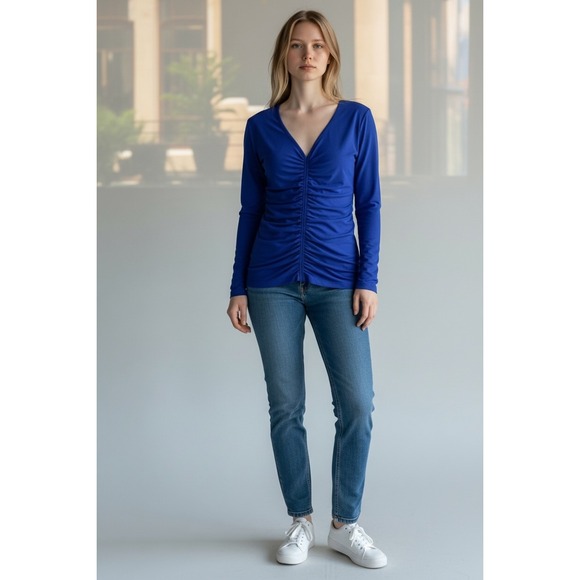 New York & Company Tops - New York & Company Royal Blue Ruched V-Neck Bodycon 3/4 Sleeve Top Small